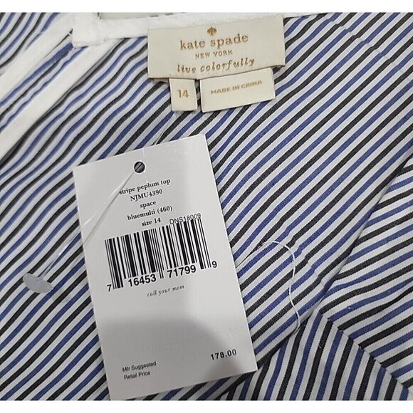 Kate Spade Blue Multi Stripe Peplum Top Sleeveless Cotton NWT Women's 14 - Picture 8 of 12